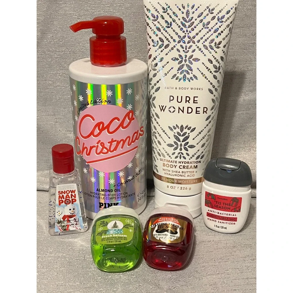 Bath Body Works Pure Wonder & PINK Coco Christmas Lotion Hand Sanitizer lot of 6